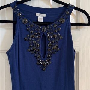 Cache Midnight Blue Silk Blend Bodycon Top w/ Black Beaded Embellishments